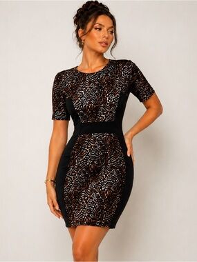 Michael Kors Leopard Print Colorblock Sheath Dress Size 8 Gold Zip Bodycon